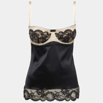 Pre Owned Dolce & Gabbana Black Satin Lace Trimmed Corset Detail Camisole M