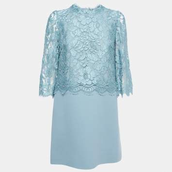 Pre Owned Dolce & Gabbana Blue Lace Overlay Wool Blend Short Dress M