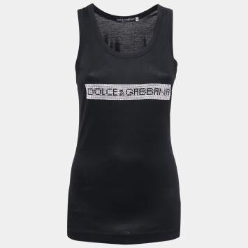 Pre Owned Dolce & Gabbana Black Cotton Crystal Embellished Tank Top L