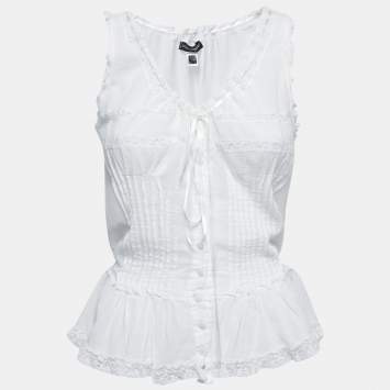 Pre Owned Dolce & Gabbana White Cotton Lace Trimmed Sleeveless Top XL