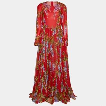 Pre Owned Dolce & Gabbana Red Floral Printed Silk Long Sleeve Maxi Dress L