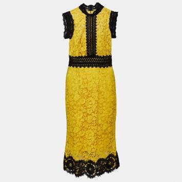 Pre Owned Dolce & Gabbana Yellow Lace Contrast Detail Midi Dress S