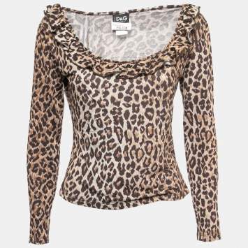 مملوكة مسبقًا Dolce & Gabbana Brown Animal Print Jersey Ruffled Neck Full Sleeve Top L