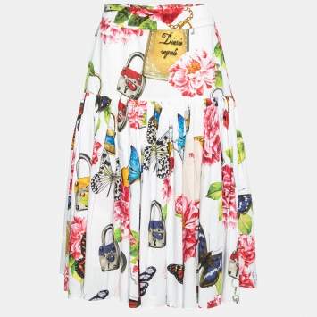 Pre Owned Dolce & Gabbana White Floral Printed Cotton Pleated Midi Skirt M