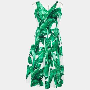 Pre Owned Dolce & Gabbana Banana Leaf Print Cotton Poplin Dress M