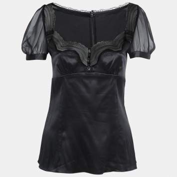 Pre Owned Dolce & Gabbana Black Satin Lace Trimmed Puff Sleeve Blouse M