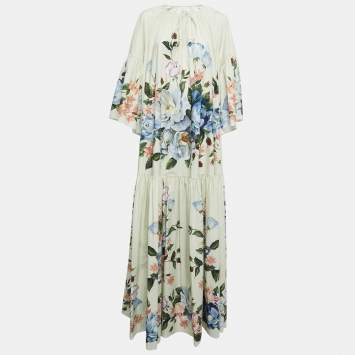 Pre Owned Dolce & Gabbana Pastel Green Floral Print Cotton Gathered Maxi Dress M