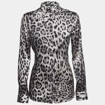 مملوكة مسبقًا Dolce & Gabbana Grey/Black Animal Print Silk Satin Button Front Full Sleeve Shirt S