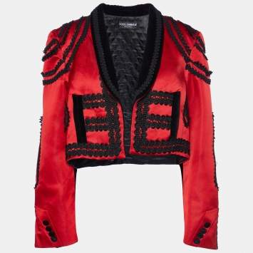 Pre Owned Dolce & Gabbana Red & Black Sateen & Velvet Crop Jacket M