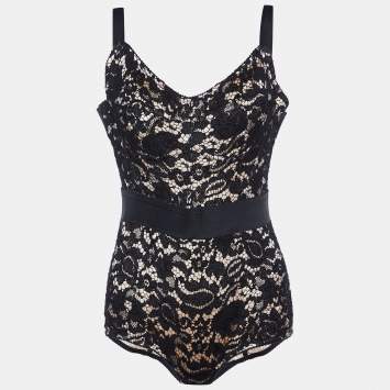 مملوكة مسبقًا Dolce & Gabbana Black Lace & Contrast Satin Bustier Bodysuit M