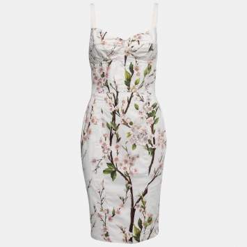 Pre Owned Dolce & Gabbana White Floral Cotton Bustier Midi Dress S