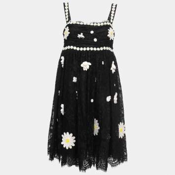 Pre Owned Dolce & Gabbana Black Lace Floral Applique Mini Dress M