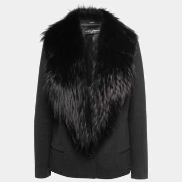 Pre Owned Dolce & Gabbana Black Grey Wool & Fur Single Breasted Jacket M