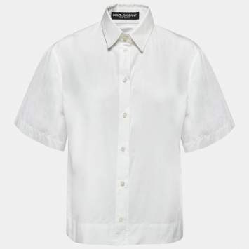 Pre Owned Dolce & Gabbana White Cotton Button Front Half Sleeve Cropped Shirt L