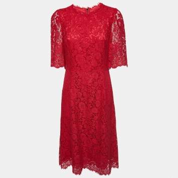 Pre Owned Dolce & Gabbana Red Lace Midi Dress M