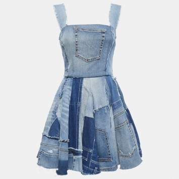 Pre Owned Dolce & Gabbana Blue Washed Denim Patch Detail Sleeveless Mini Dress S