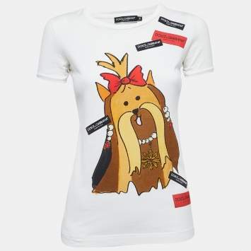 Pre Owned Dolce & Gabbana Limited Edition White Dog Print Cotton Crew Neck Short Sleeve T-Shirt XS
