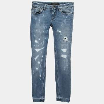 Pre Owned Dolce & Gabbana Blue Washed & Ripped Denim Pretty Jeans XS Waist 26