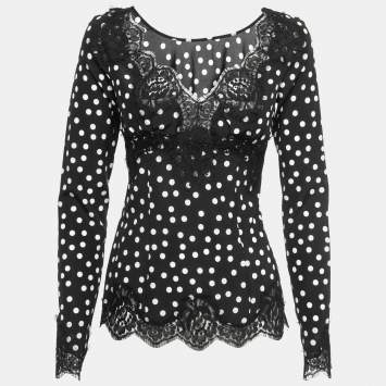 Pre Owned Dolce & Gabbana Black Polka Dotted Silk Lace Trimmed Long Sleeve Blouse S 