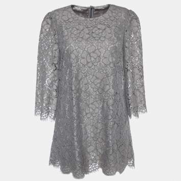 Pre Owned Dolce & Gabbana Grey Floral Corded Lace Three Quarter Sleeve Top M 