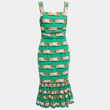 Pre Owned Dolce & Gabbana Green Cannoli Printed Silk Fluted Ruched Midi Dress M