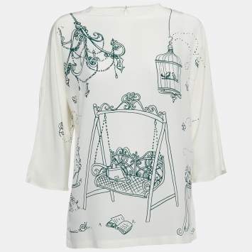 Pre Owned Dolce & Gabbana White Bird Cage Printed Silk Blouse S
