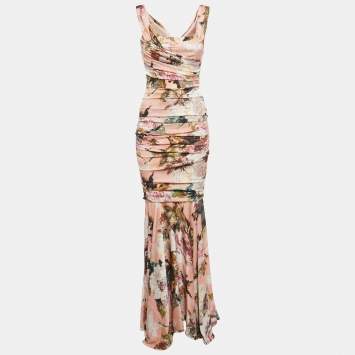 Pre Owned Dolce & Gabbana Pink Floral Printed Silk Ruched Maxi Dress S