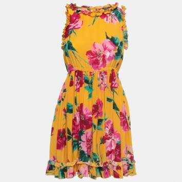 Pre Owned Dolce & Gabbana Yellow Floral Print Silk Sleeveless Gathered Mini Dress S