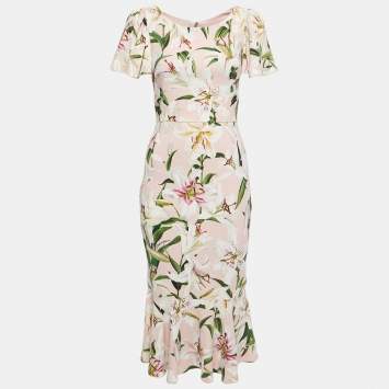 Pre Owned Dolce & Gabbana Pink Floral Printed Ruffled Midi Dress XS