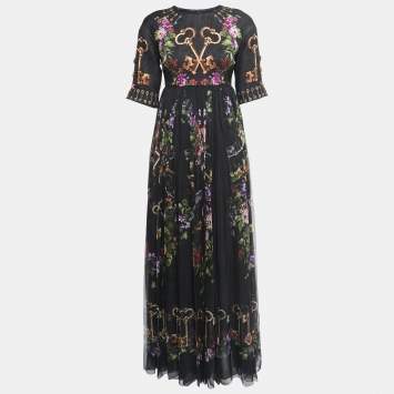 Pre Owned Dolce & Gabbana Black Floral & Key Printed Silk Maxi Dress S
