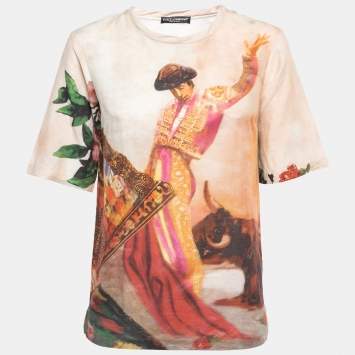 مملوكة مسبقًا Dolce & Gabbana Multicolor Bull Rider Printed Cotton & Linen T-Shirt XS