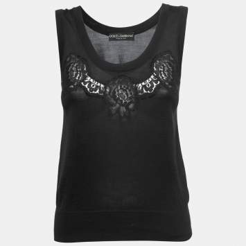 Pre Owned Dolce & Gabbana Black Lace Detail Knit Top M