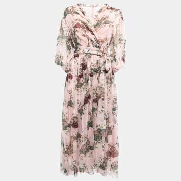Pre Owned Dolce & Gabbana Pink Bengal Cat Floral Printed Chiffon Midi Dress L