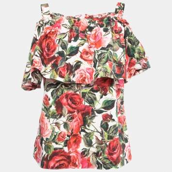 Pre Owned Dolce & Gabbana Red Rose Printed Cotton Ruffled Off Shoulder Top S