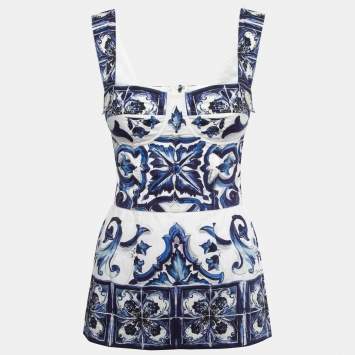 Pre Owned Dolce & Gabbana Blue Printed Cotton Peplum Top S