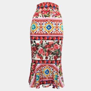 Pre Owned Dolce & Gabbana Multicolor Mambo Print Silk Flounce Midi Skirt S
