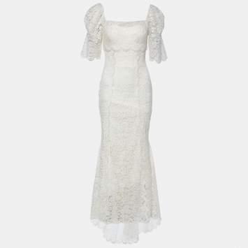 Pre Owned Dolce & Gabbana White Lace Ruched Trail Wedding Gown S