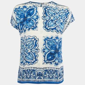 Pre Owned Dolce & Gabbana Blue Tile Printed Silk Blouse S
