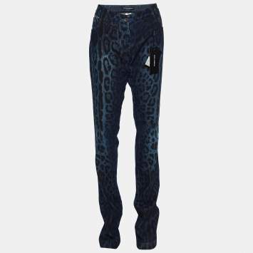 Pre Owned Dolce & Gabbana Navy Blue Animal Printed Denim Straight Leg Jeans L