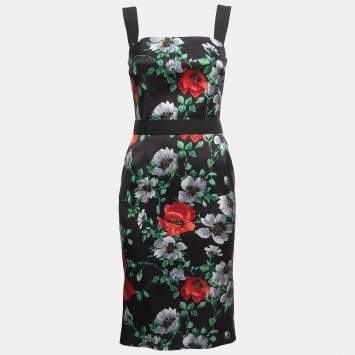 Pre Owned Dolce & Gabbana Black Floral Printed Stretch Satin Midi Dress S