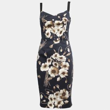 Pre Owned Dolce & Gabbana Navy Blue Floral Printed Cotton Midi Dress S