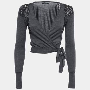 Pre Owned Dolce & Gabbana Charcoal Grey Wool & lace Trim Wrap Front Cropped Cardigan S