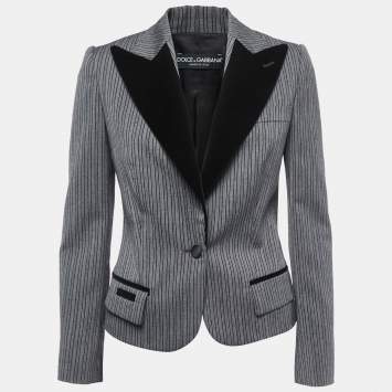مملوكة مسبقًا Dolce & Gabbana Grey Striped Jacquard & Velvet Lapel Blazer S