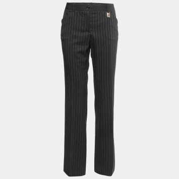 Pre Owned Dolce & Gabbana Black Striped Wool Straight Leg Trousers M
