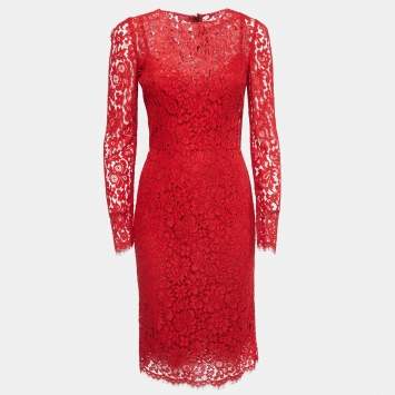 Pre Owned Dolce & Gabbana Red Lace Long Sleeve Midi Dress S