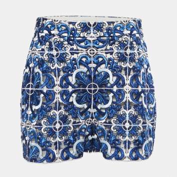 Pre Owned Dolce & Gabbana Blue Guipure Lace High Waist Mini Shorts S