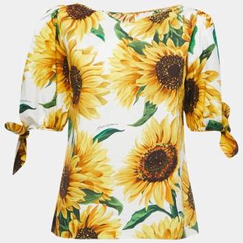 Pre Owned Dolce & Gabbana White/Yellow Sunflower Printed Cotton Top S