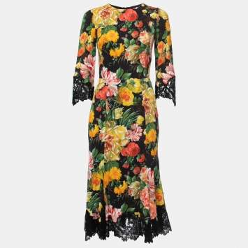 Pre Owned Dolce & Gabbana Black Floral Printed Crepe Lace Trimmed Midi Dress S