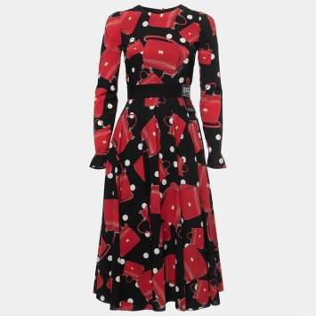 Pre Owned Dolce & Gabbana Black Miss Sicily Bag Printed Silk Midi Dress S