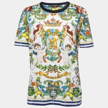 Pre Owned Dolce & Gabbana White Sicilian Print Cotton Crew Neck T-Shirt XS